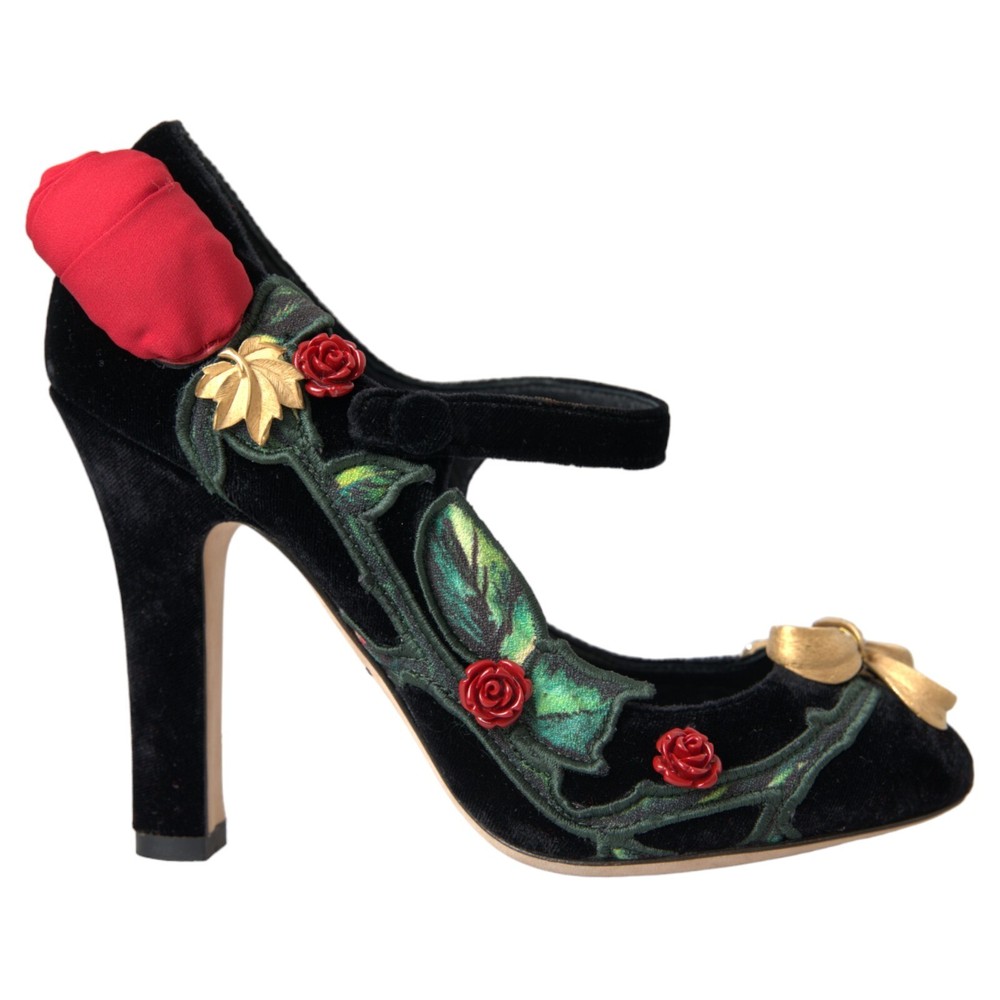 DOLCE & GABBANA Black Roses Crystal Brooch Mary Jane Shoes EU36 US5.5 1500 USD