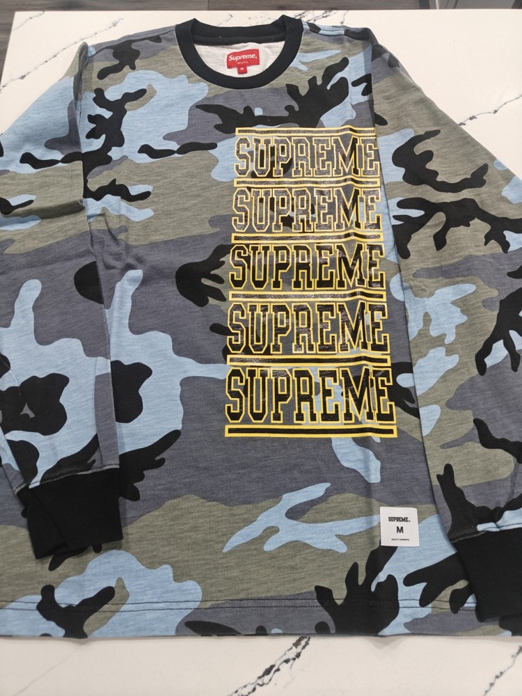 Supreme Stacked Logo L/S Top Camouflage Blue BNWT! Size Medium Super Rare SS18