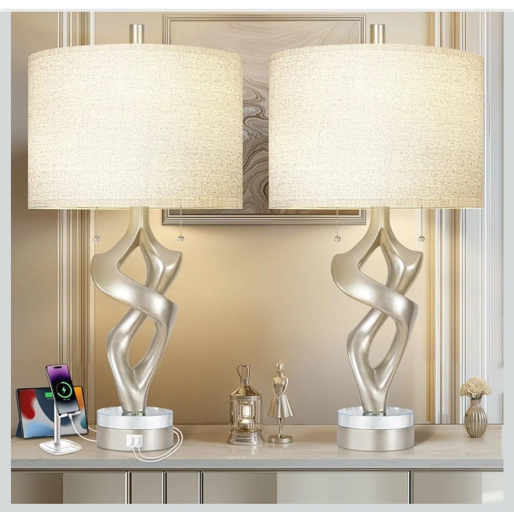 Scenekoy Sculptural Resin Table Lamp Set of 2 with USB Ports for Bedroom Living