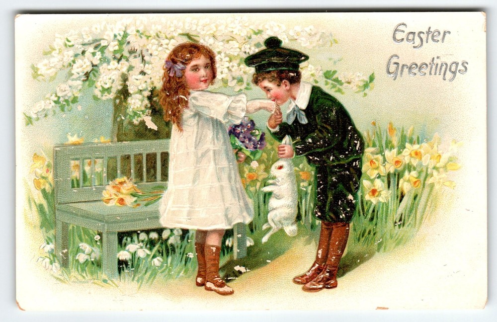 Easter Postcard Children White Rabbit Flower Garden Kissing Hand Tuck Series 700