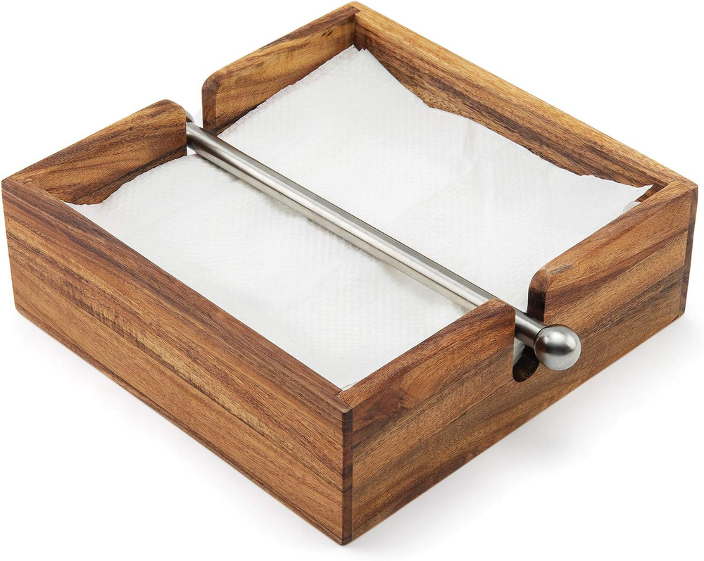 Acacia Wood Napkin Holder with Weighted Stainless Steel Center Bar, 6.25-Inches,-image