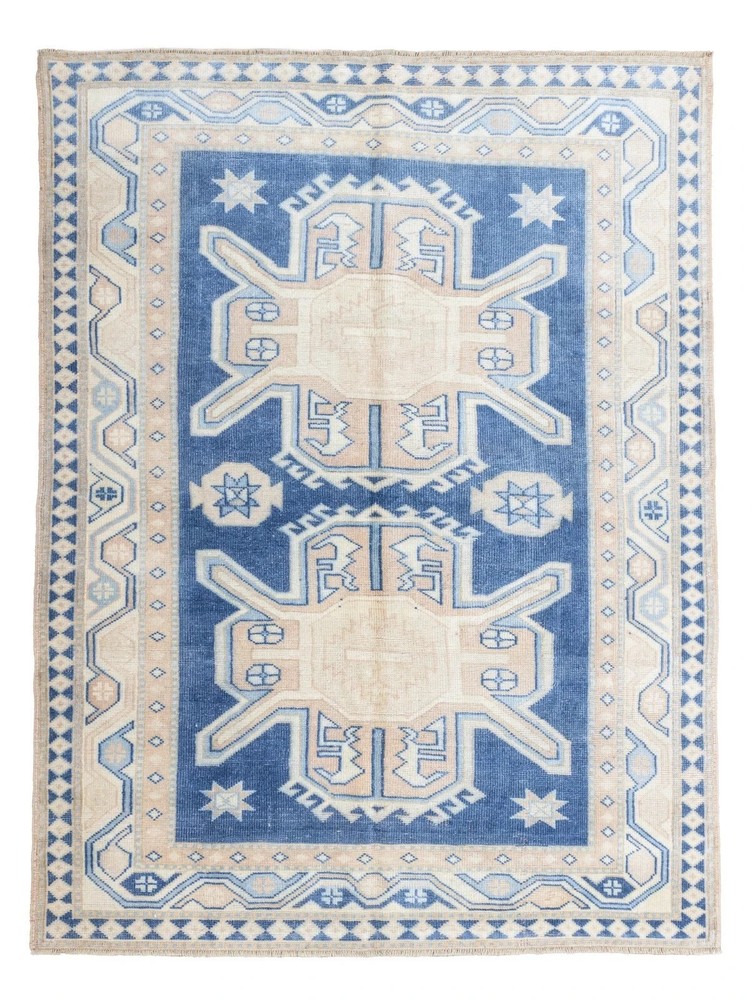 Hand-Knotted Turkish Oushak Rug | Blue & Ivory Geometric Medallion Area Rug