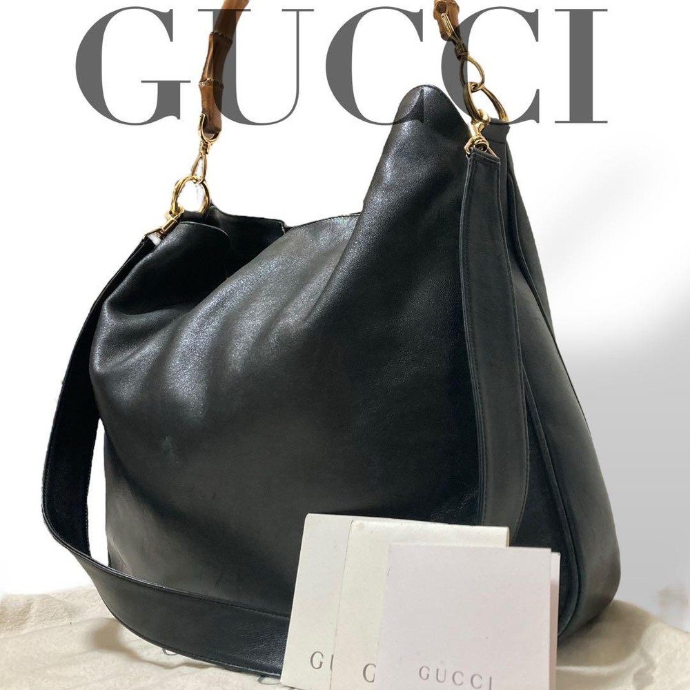 Gucci Bamboo Vintage Black Leather Tote Shoulder Bag 2-Way