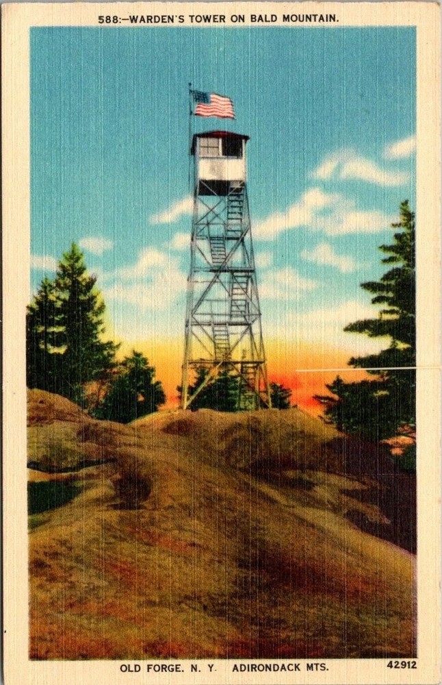 Old Forge NY Bald Mountain Warden's Tower Adirondacks Linen Postcard