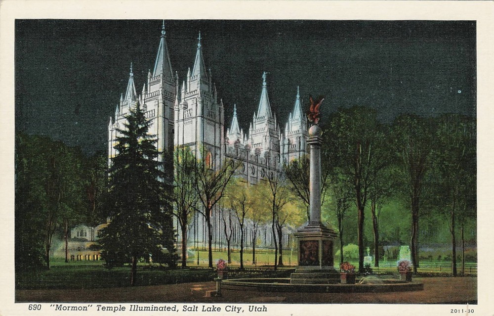 1930s Mormon Temple Illuminated at Night, Salt Lake City, Utah Linen Postcard