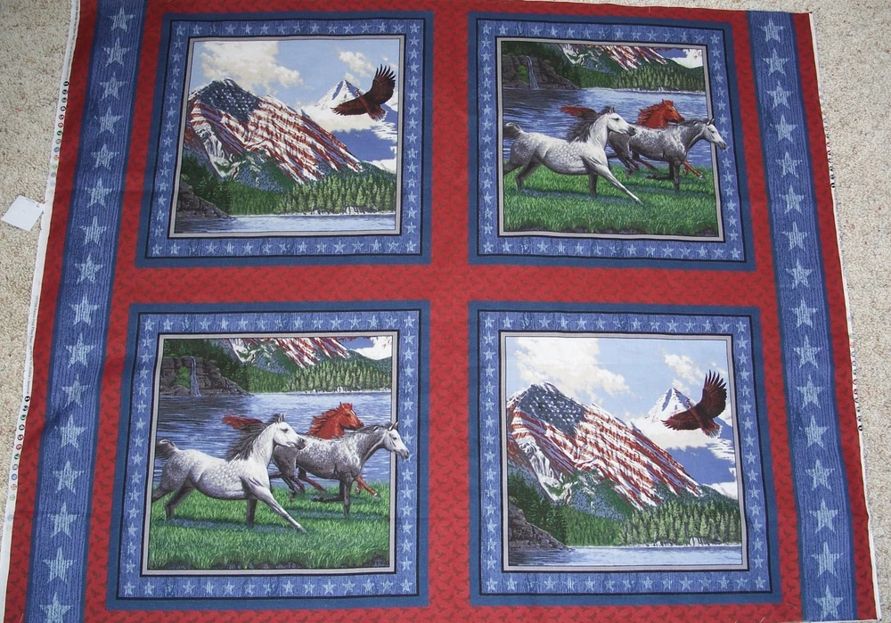 4 Horses Eagle Patriots Point Pillow Panels Fabric 100 Cotton Wildlife US Flag