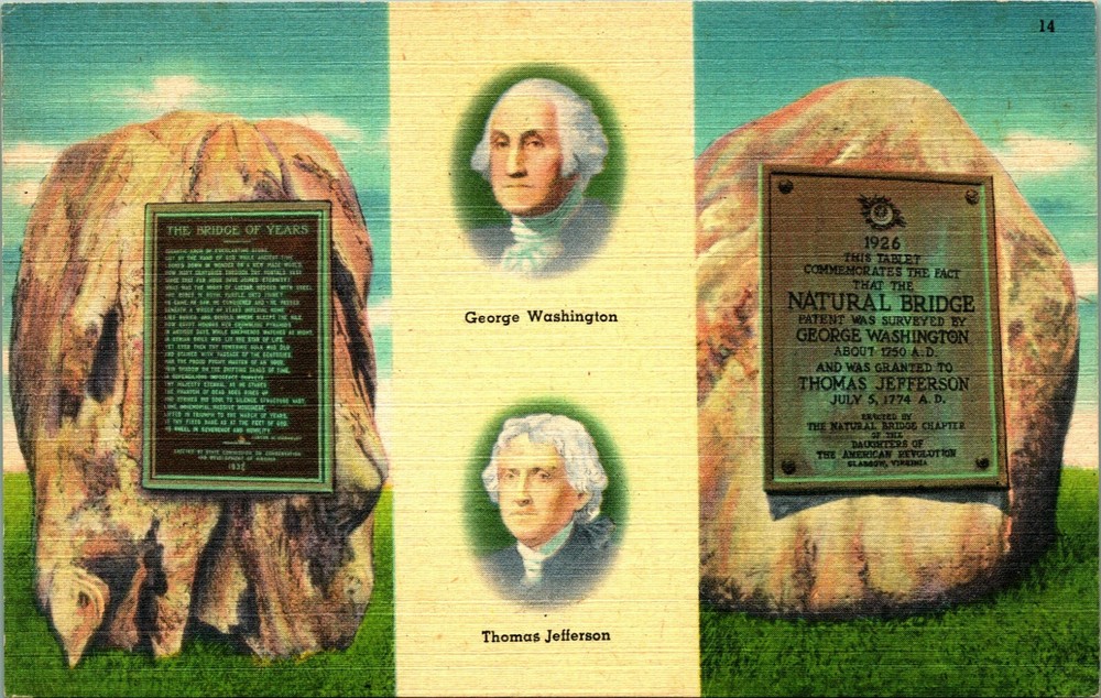 Washington and Jefferson Monuments Natural Bridge Virginia VA Linen Postcard UNP