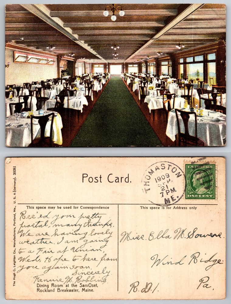 1909 SamOset Hotel Rockland Maine Dining Room Vintage Postcard Hugh C Leighton
