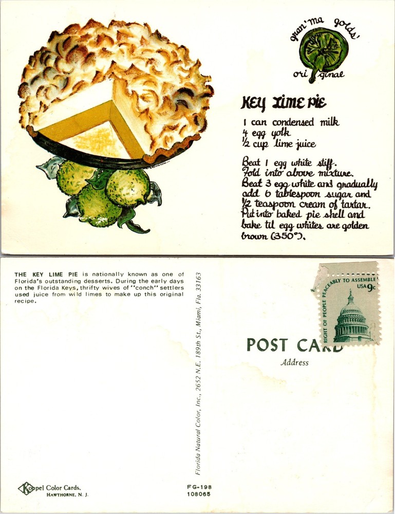 Key Lime Pie Recipe Florida FL Postcard