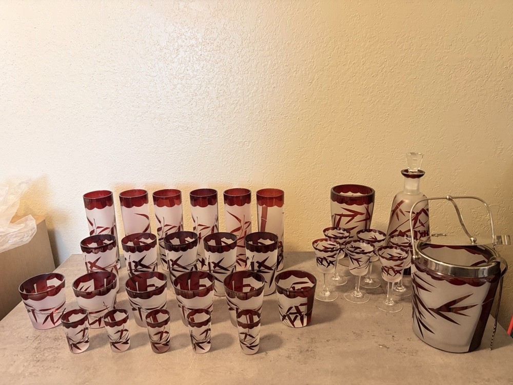 Etched Bamboo Pattern Glass Drinkware Set Red Clear White Decanter Ice Bucket