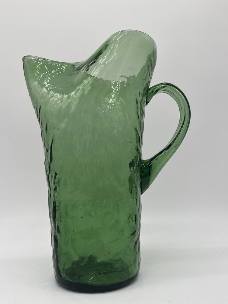 Vintage Green Crinkle Textured Art Glass Water Pitcher 9.5 Inch