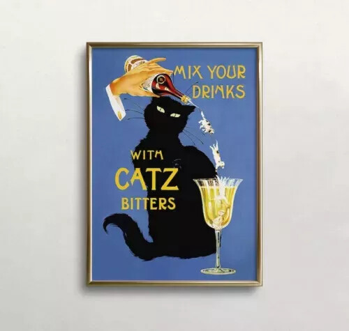 Catz Bitters Print, Vintage Beverage Poster, Black Cat Wall Art, No Framed