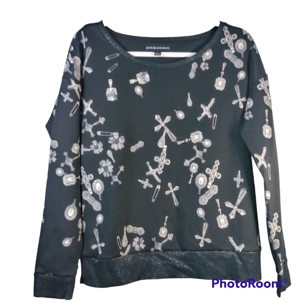 Rock & Republic Gothic Grunge Sweatshirt with Jewel and Cross Pattern