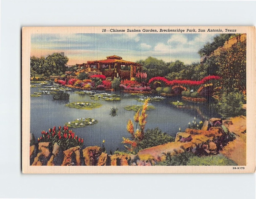 Postcard Chinese Sunken Garden Breckenridge Park San Antonio Texas