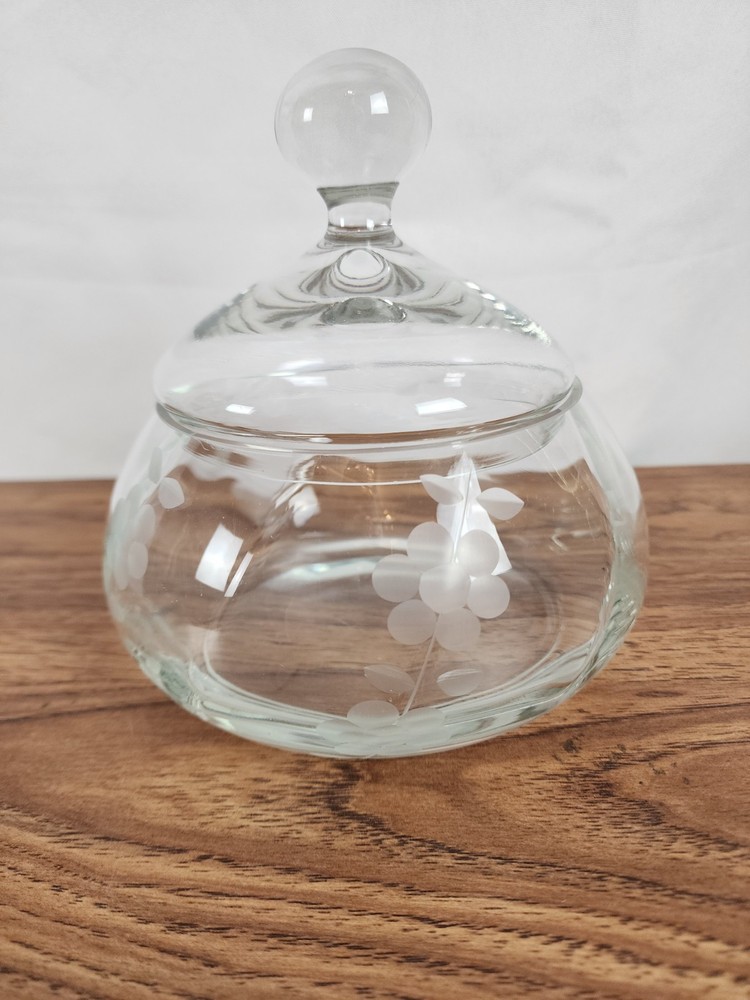 Vintage Floral Etched Crystal Cookie Jar with Lid  