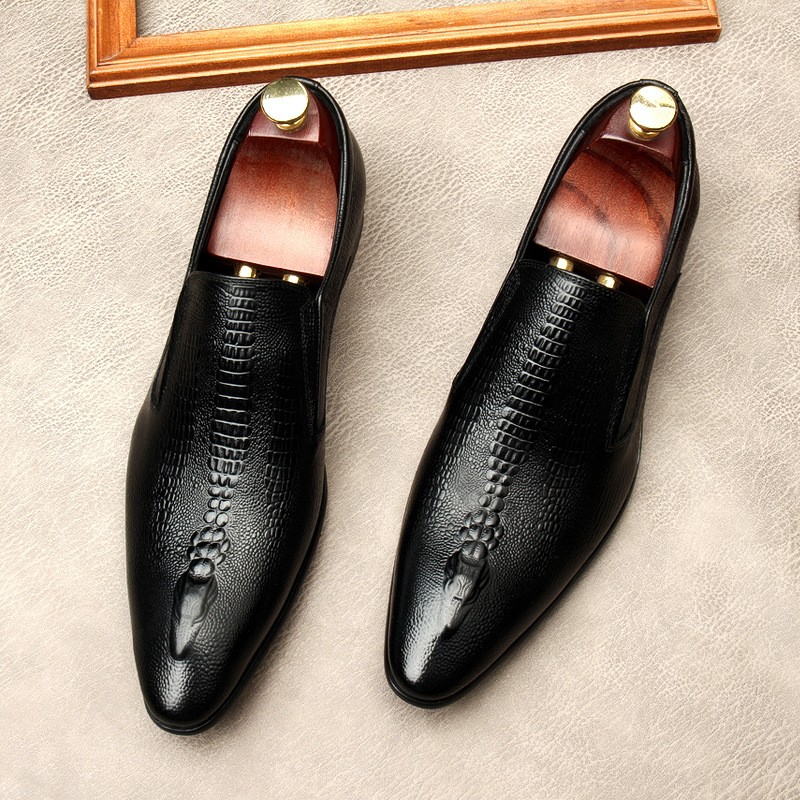 Men Pointed Toe Real Leather Lace Up Business Formal Dress Shoes Crocodile Print