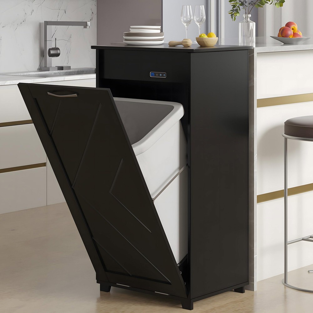 VECELO Tilt Out Kitchen Trash Bin Cabinet, Dog Proof Garbage Can with Wood Ho...