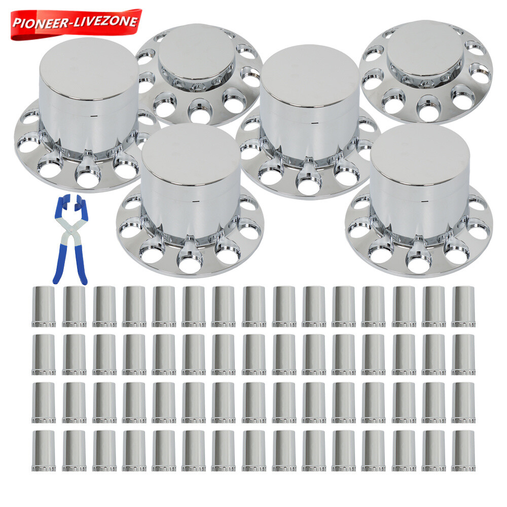 33mm Chrome Flat Top Hub Cover Kit Lug Nut Wheel Axle Covers Semi Truck 6PCS
