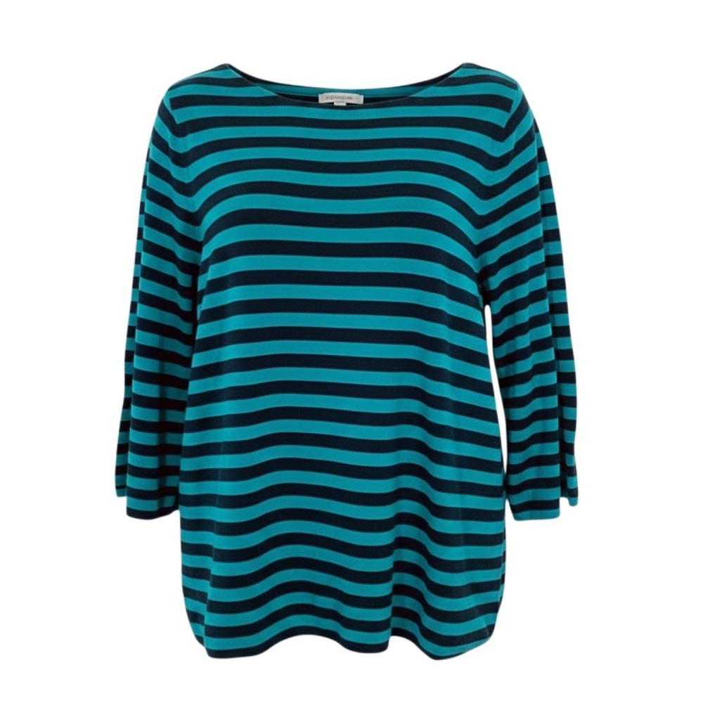 J. Jill Striped XLP Jade Green Blue Pullover 3/4 Sleeve Boat Neck Knit Top