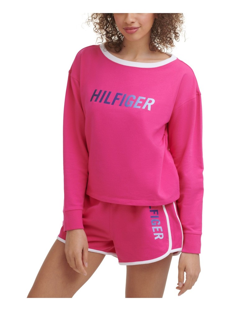 TOMMY HILFIGER Womens Pink Stretch Logo Long Sleeve Crew Neck Sweatshirt S