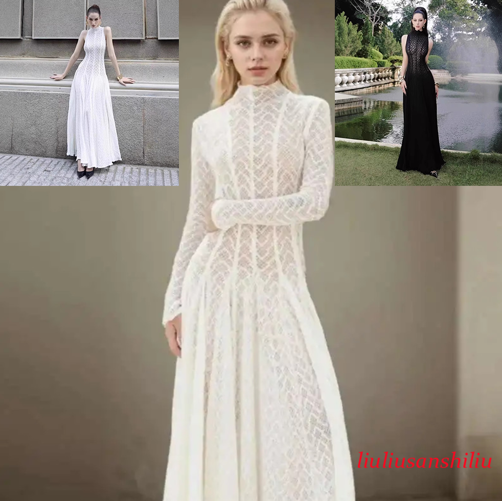 Women's Round Neck Hollow Out Slim Long Sleeve Retractoin Waist Big Swing Dress