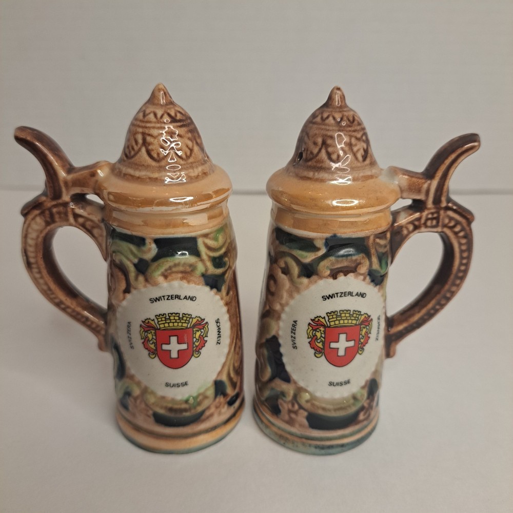 Vintage Switzerland Suisse Schweiz Ceramic Beer Stein Salt & Pepper Shakers