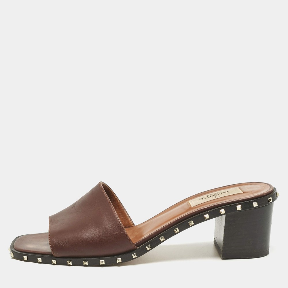 Valentino Brown Leather Rockstud Open Toe Slide Sandals Size 38