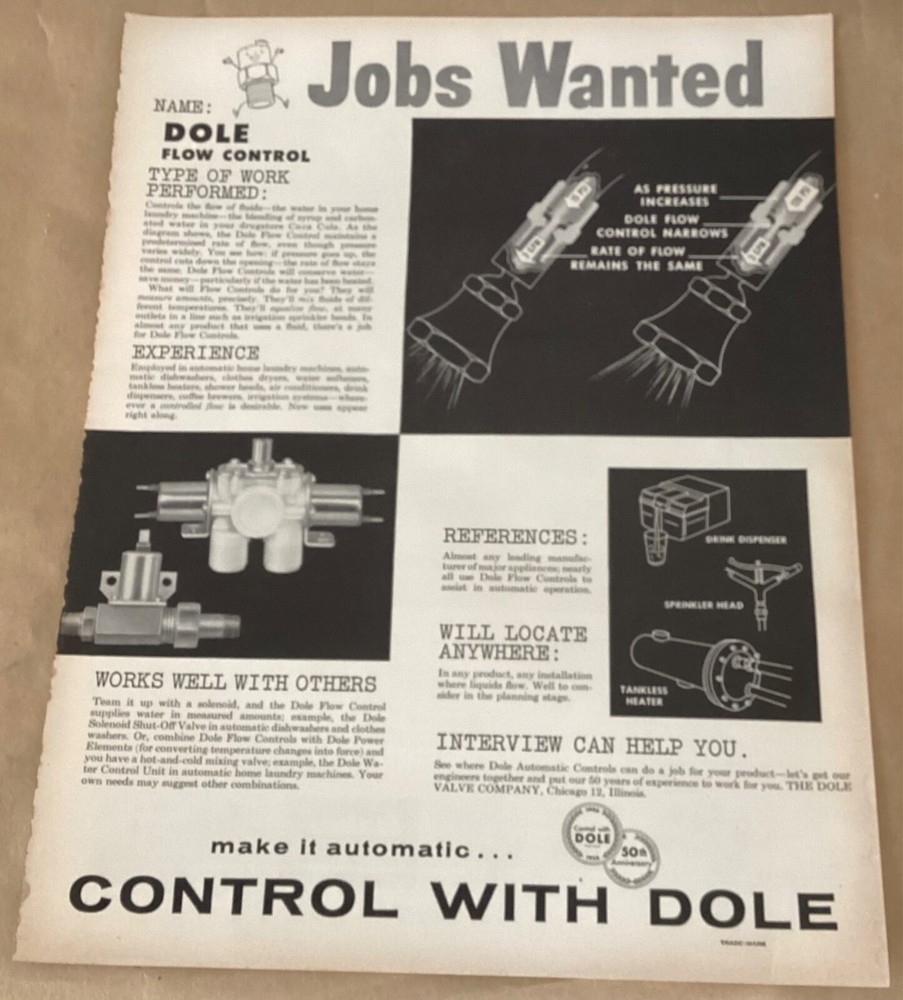 Dole Flow Control Co print ad 1956 vintage 1950s art illustration  industrial