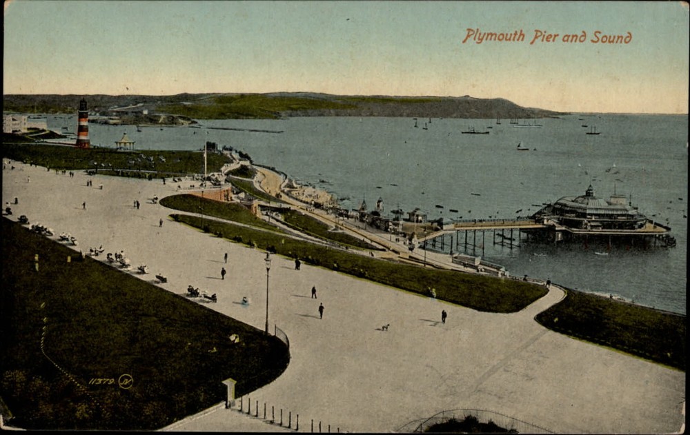 Plymouth Pier & Sound ~ England UK ~ promenade lighthouse ~ c1910 postcard