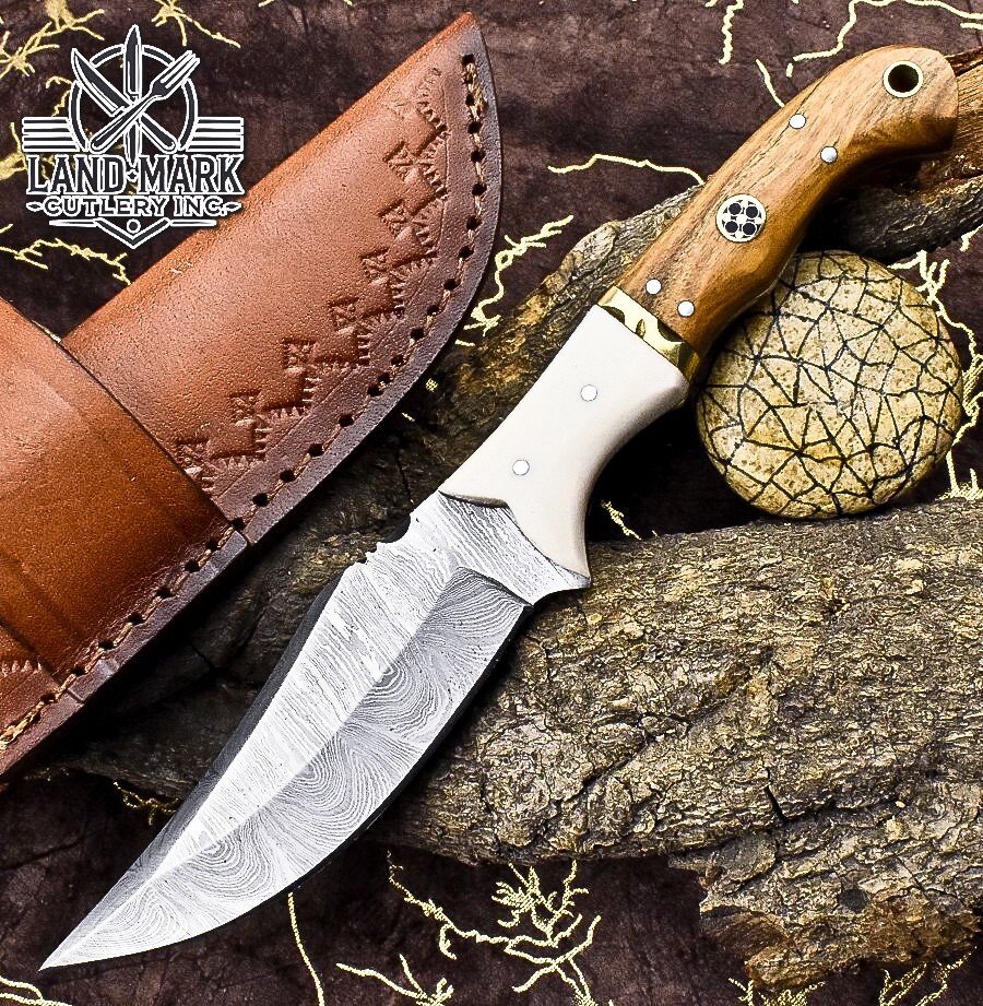 Custom Damascus Hunting Knife with Olive Wood and Bone Bolster Handle  