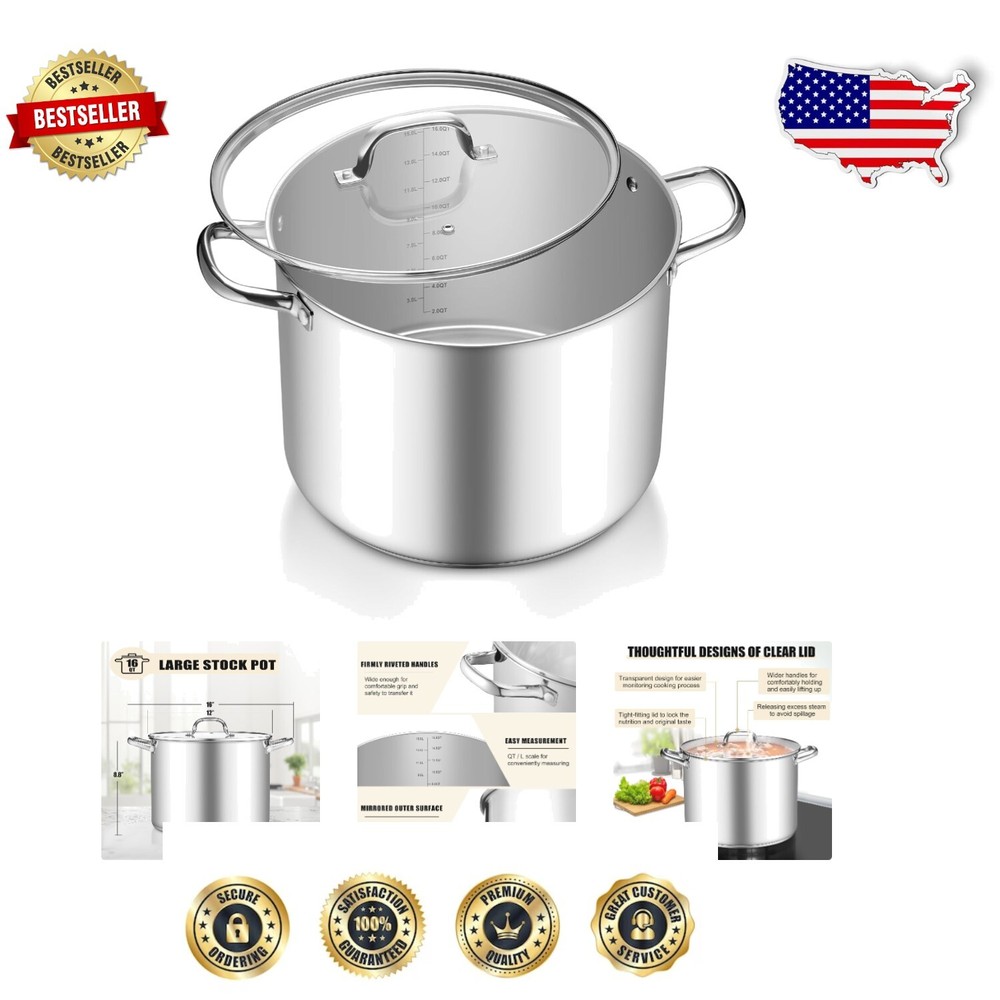 Heavy Duty 16-Quart Stock Pot with Tri-Ply Bottom for Induction Cooking