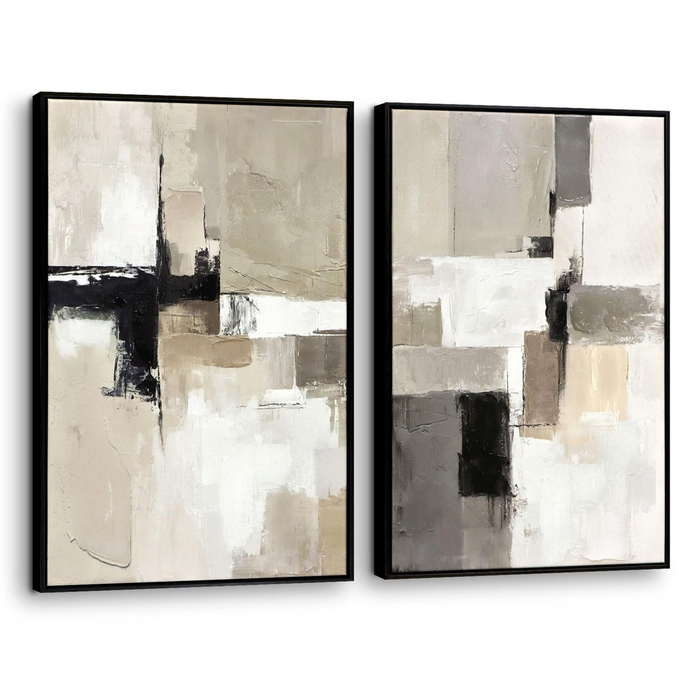 Set of 2 Modern Neutral Abstract Wall Art – Framed Beige, Gray, and Black Canvas