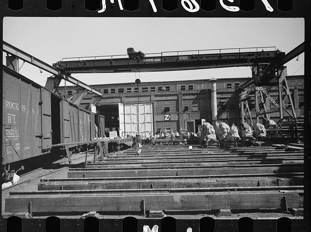Photo:1930s Railroad Freight Yard Loading Crane Boxcars Industrial Scene