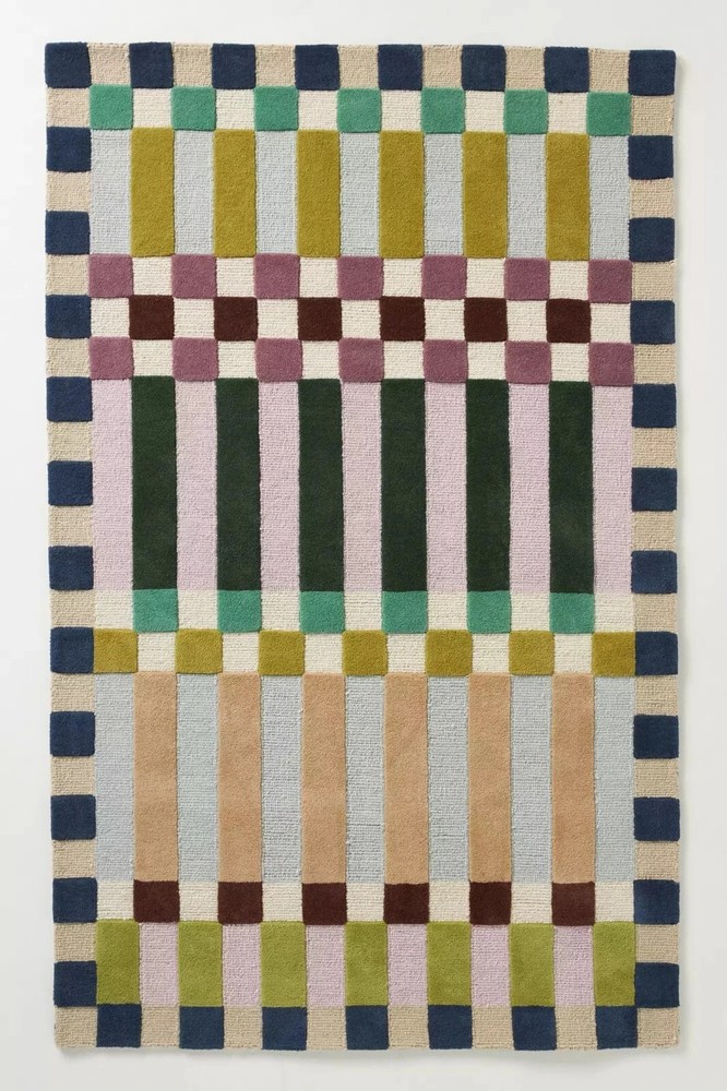 New  Hand-Tufted Wool Rug Modern Geometric Design Checkered Pattern Carpet