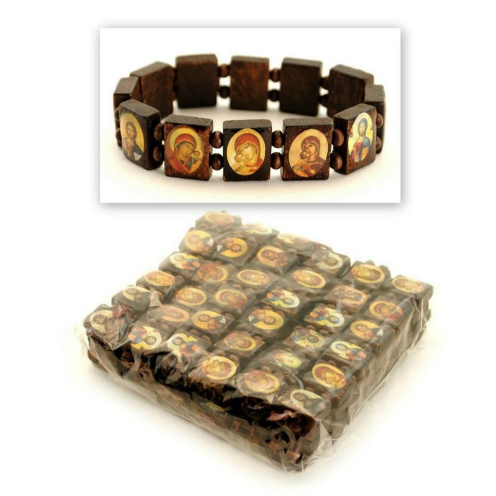 LOT OF 12 SAINT BEAD BRACELET Greek Orthodox Brown Wood Stretch Icon Elastic Set