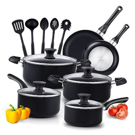 Basics Pots and Pans Cooking, Black 15-Piece Nonstick Cookware Set