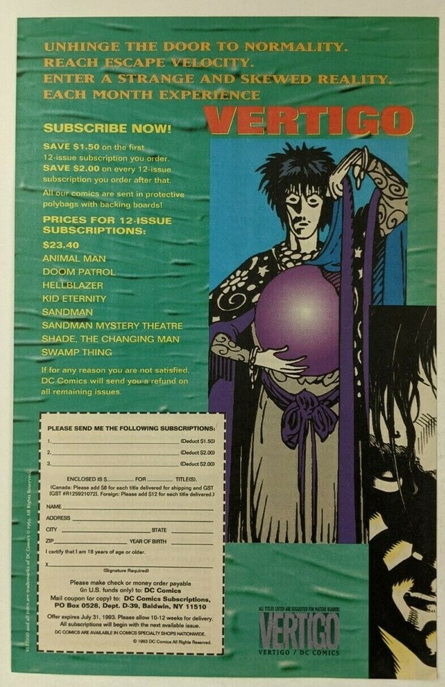 Sandman Subscription Form Print Ad Comic Poster Art PROMO Original DC Vertigo