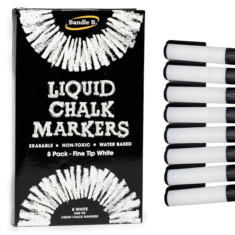 Chalk Markers - 8 White Fine Tip, Erasable, Non-Toxic, Water-Based, Crisp Whi...
