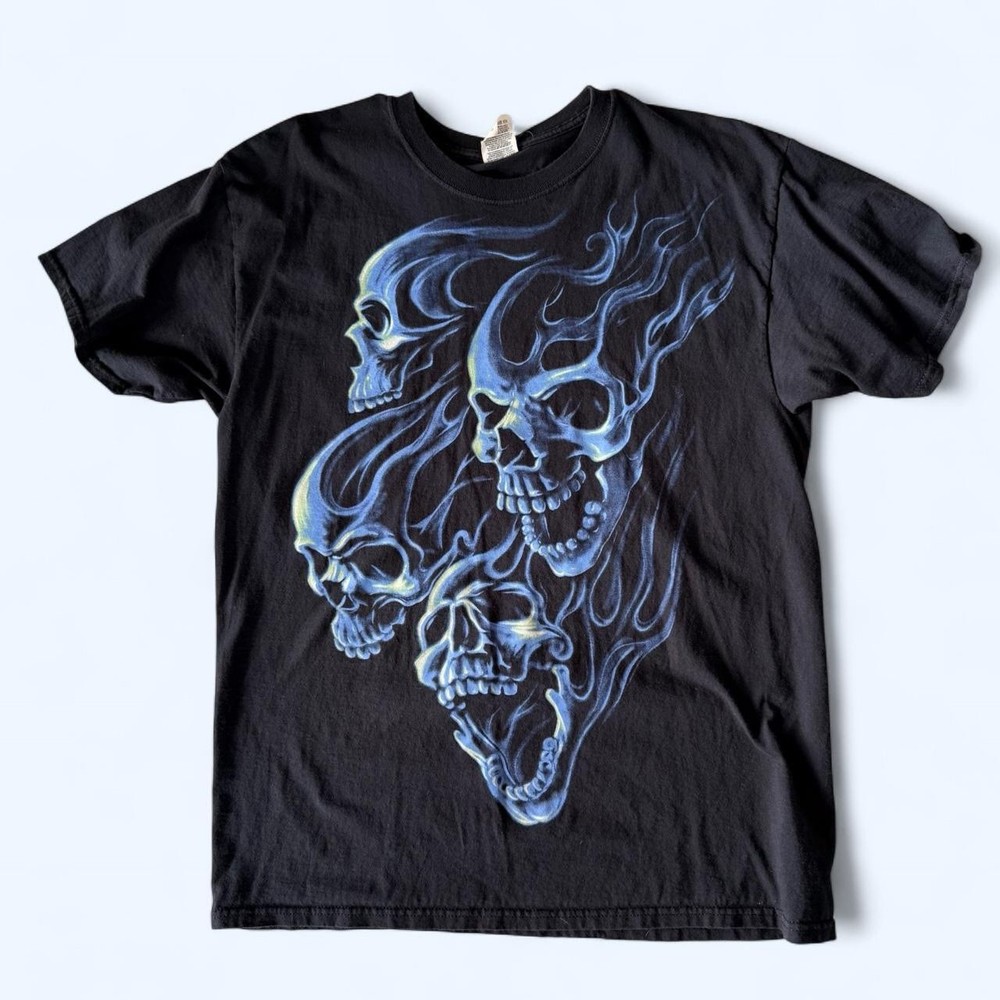 Vintage Skull Shirt Mens Large Black Grunge Cyber Y2k Goth Skeleton Flames 2000s