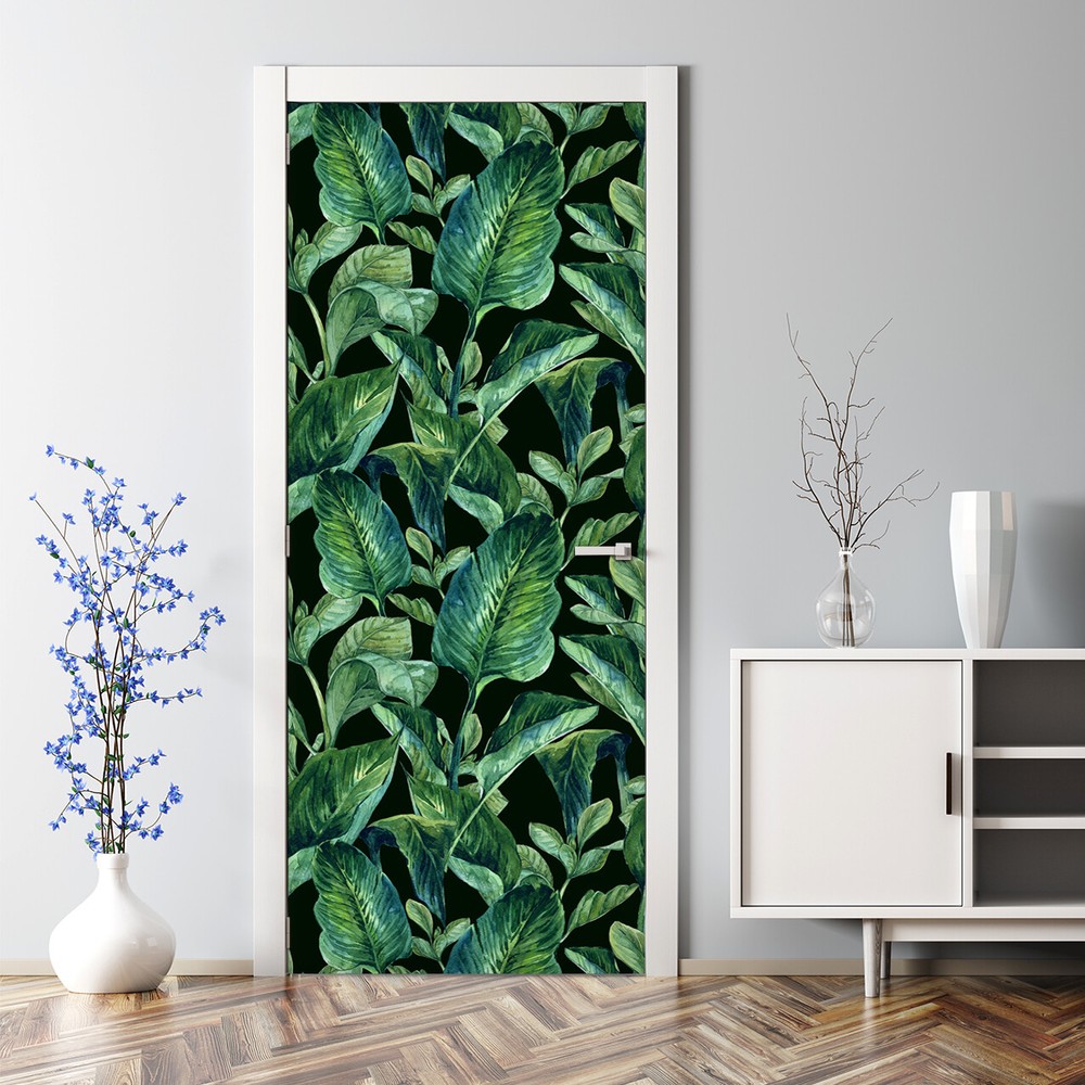 Watercolour tropical leaves Bubble Free Door sticker green and black Decal large