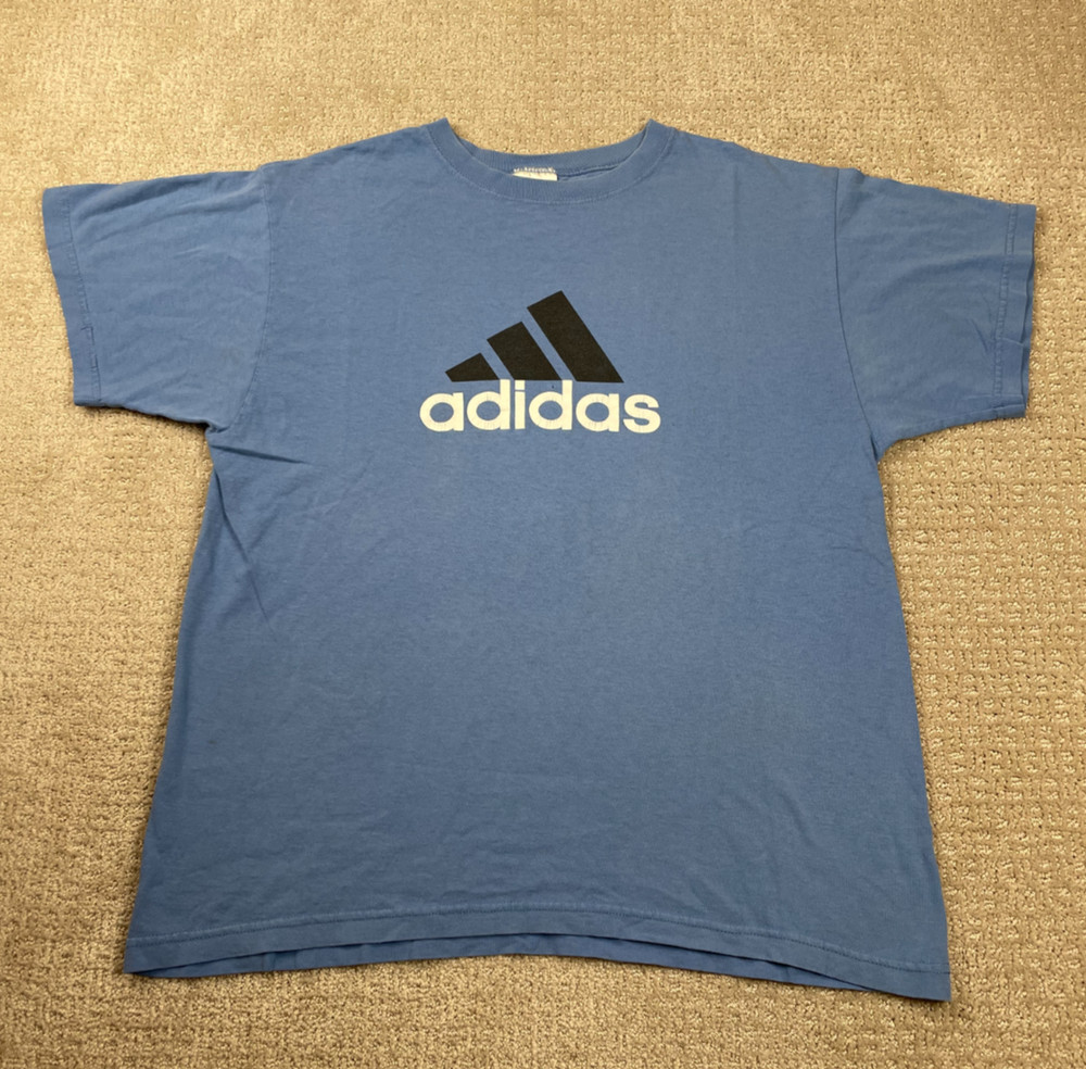 Vintage Adidas T Shirt Mens L Blue Logo Short Sleeve Graphic Tee USA Made 90s