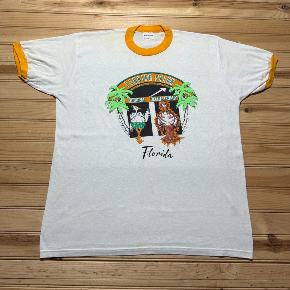 Vintage 80s Florida Tanning Salon Chicken Funny Souvenir Ringer T-Shirt USA - XL