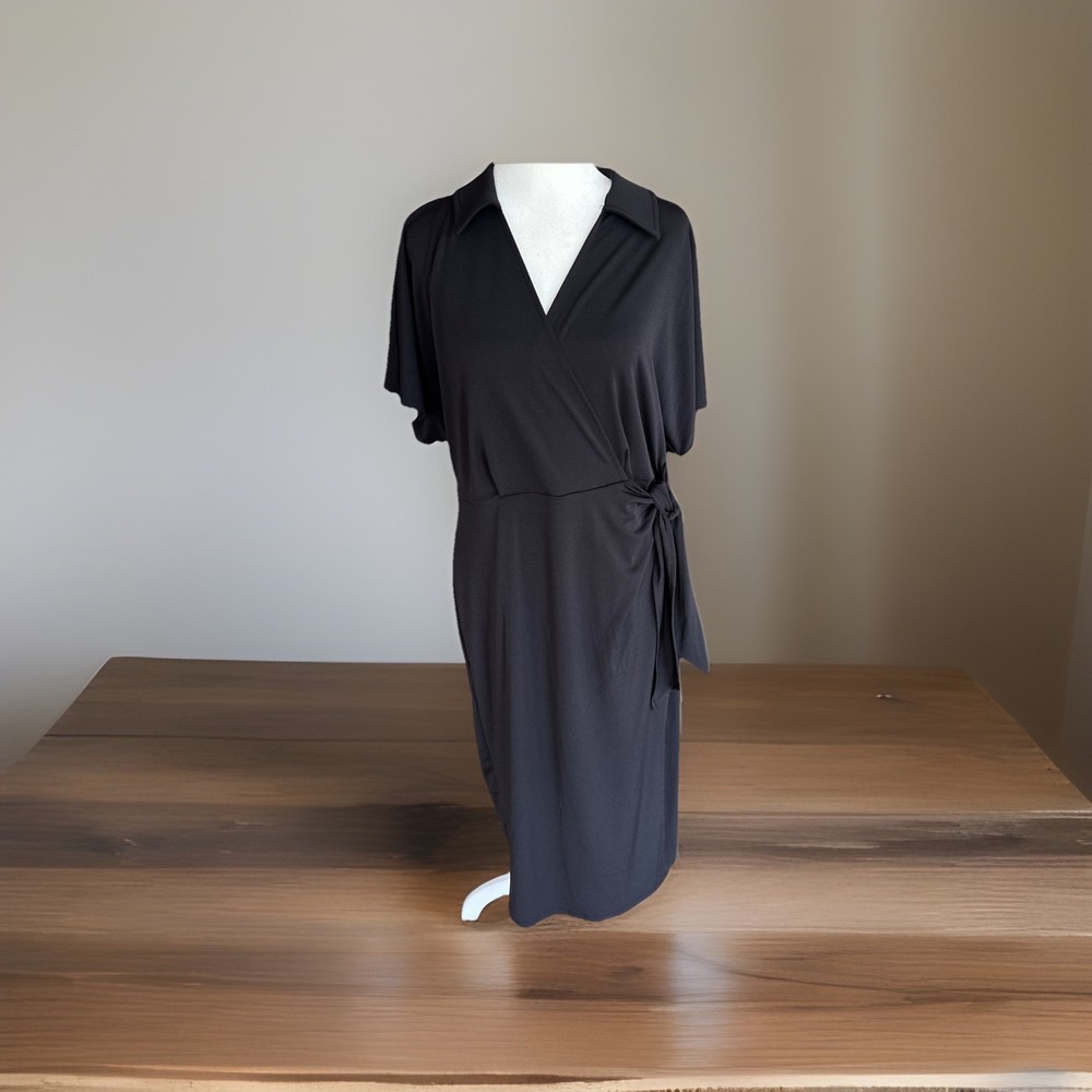NWTs ($49) Nine West Black Faux Wrap Midi Dress Short SL Size Large Wrinkle Free