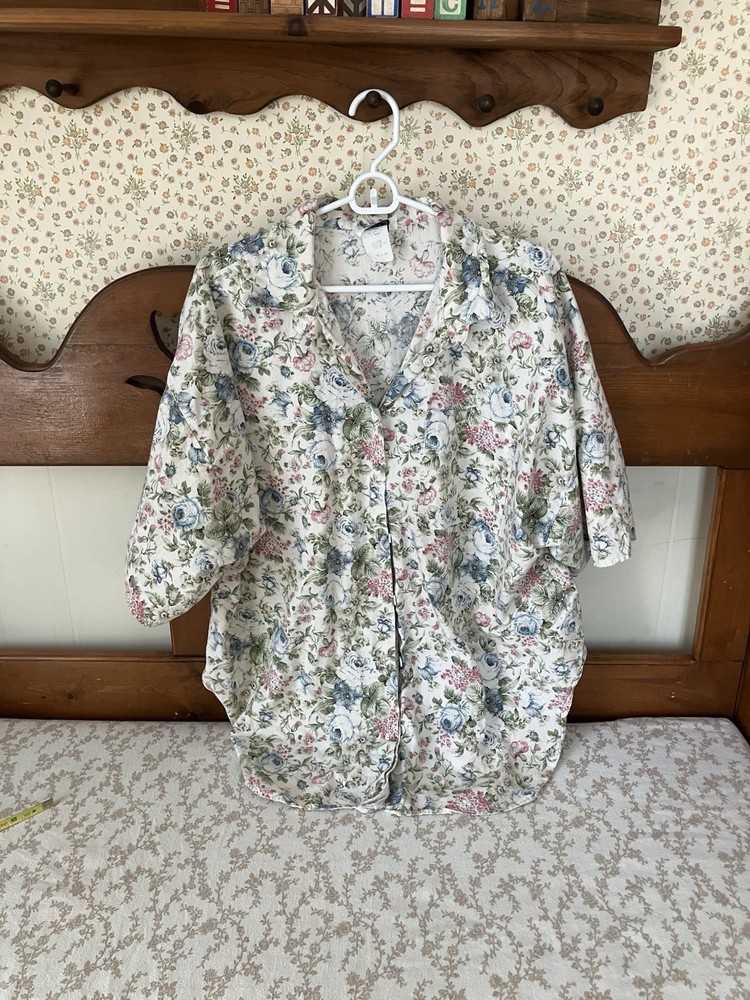 Vintage Cream Floral Cotton Button Down Blouse 2XL 20W
