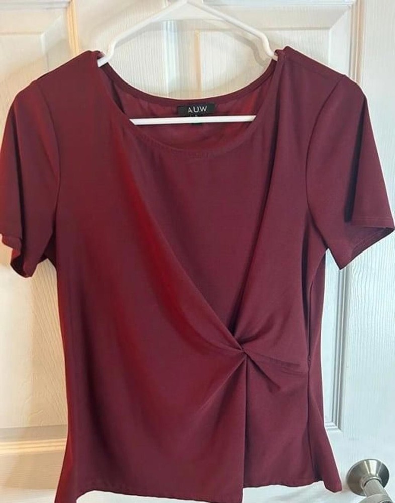 AUW Women's Burgundy Twist Front Blouse Size Small Short Sleeve Casual Top