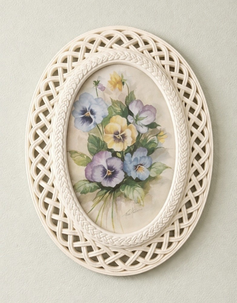 Vintage Homco Pansy Bouquet Picture Oval Framed Faux Wicker Ivory 16.5