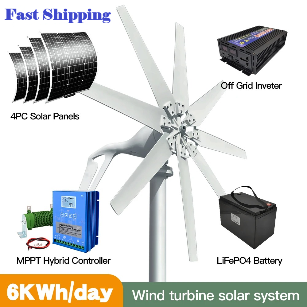 6kwh Horizontal Wind Turbine Solar System Free Controller Solar Battery System