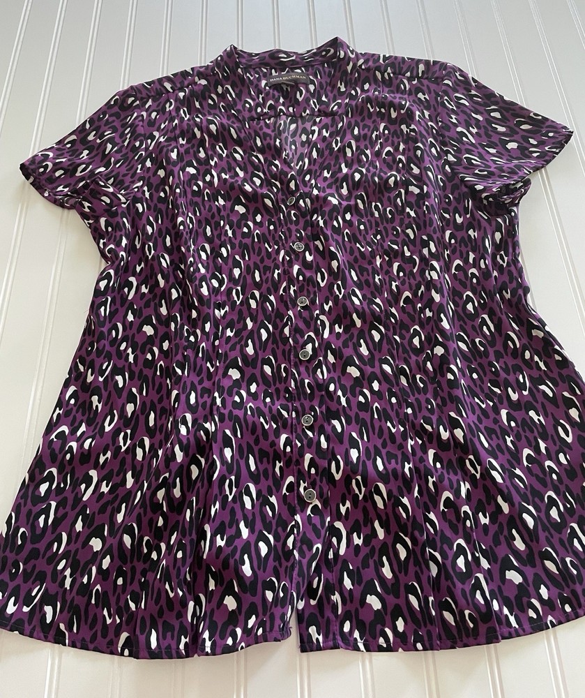 DANA BUCHMAN Sz Large Purple/Black Print Button Down Short Sleeve Top Blouse