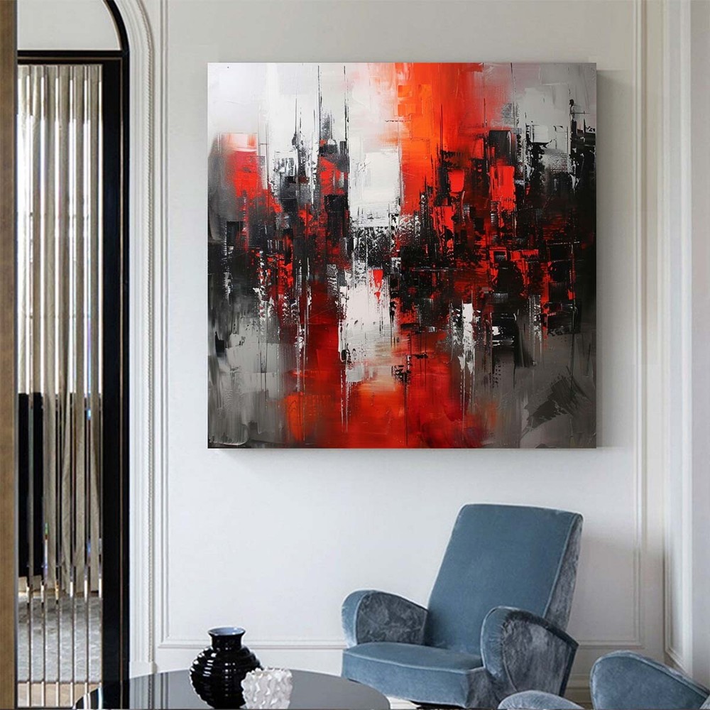Wall Art Cityscape Oil Painting Hand Painted Decorative Modern Abstract red
