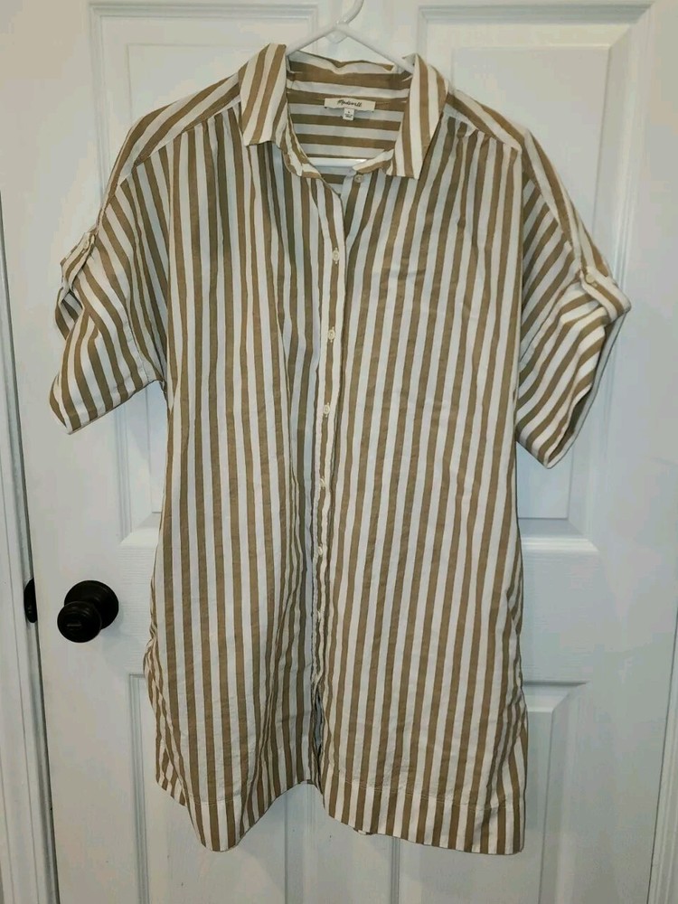 Madewell Mini Shirtdress Button Front Poplin Tan White XL Roll Up Sleeve
